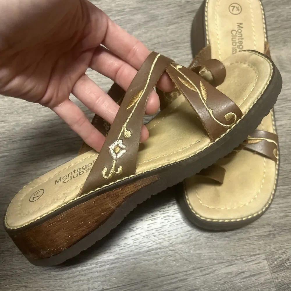Y2K Montego Bay Club Leather Collection Brown Wedge Sandals- 7.5 Boho Coastal